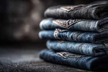 Different shades of denim stacked neatly in a layered arrangement showcasing various styles and textures