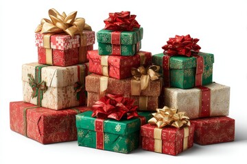 Obraz premium Colorful wrapped gifts piled together, showcasing festive decorations and ribbons for holiday celebrations