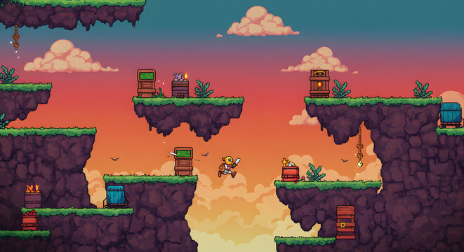 Pixel art 2D platformer game scene with a character jumping between floating islands at sunset, featuring crates and barrels.
