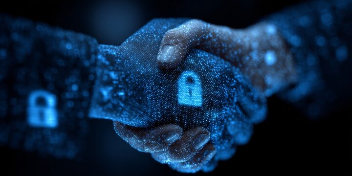 Collaborazione e Sicurezza Informatica: Stringa di Mani con Simbolo di Lucchetto Digitale