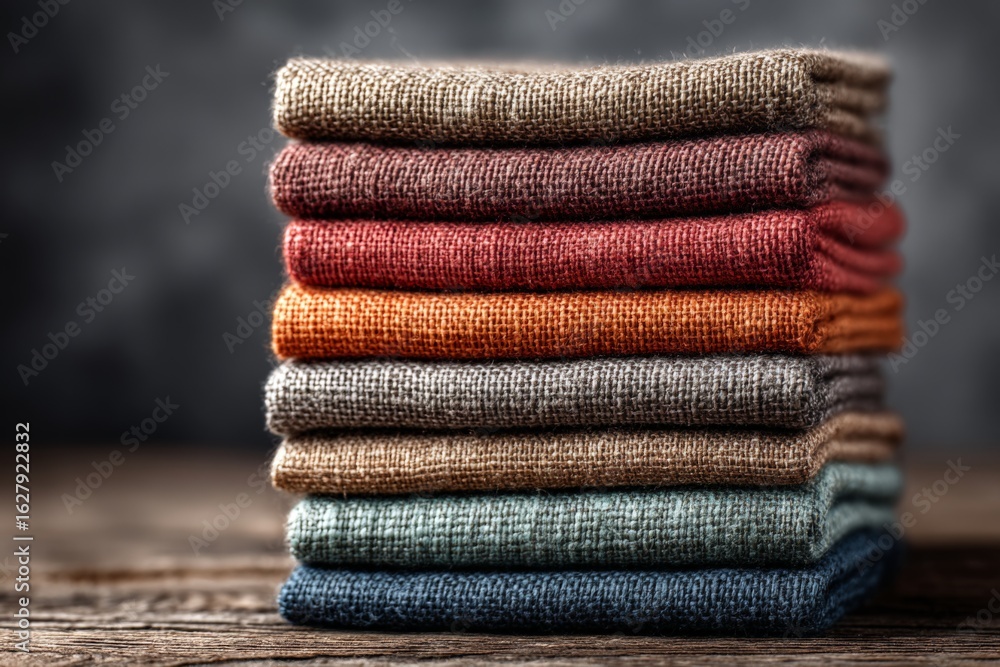 Poster textiles arranged in neat stacks showcasing various colors and textures on a rustic wooden surface