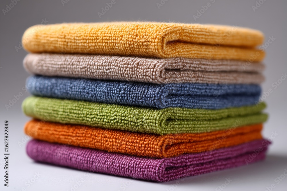 Poster Colorful stack of fabric towels displayed on a neutral background, showcasing texture and design in soft hues