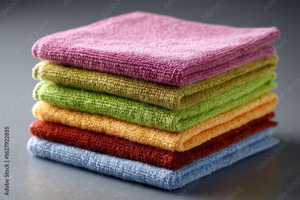 Poster colorful stack of soft towels arranged neatly on a countertop in a kitchen setting during daylight h