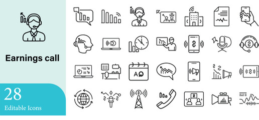 A collection of twenty-eight editable line style icons representing different aspects and elements related to earnings calls and financial meetings