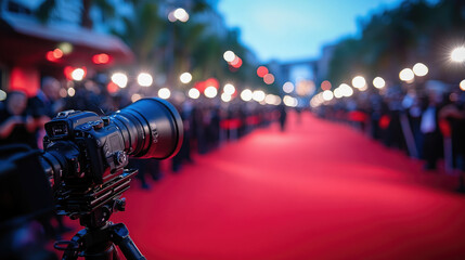 Movie star first person view on the red carpet of the Venice Film Festival, Hollywood, Cannes, glossy reportage, many photographers in suits and camera flashes