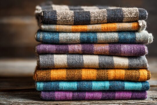 Textured stack of vibrant plaid fabric on rustic wooden surface in soft natural light