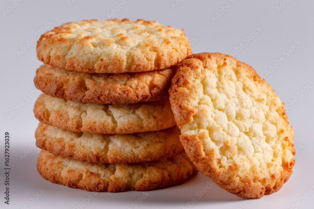 Poster freshly baked cookies stacked neatly on a light background with a golden brown color and a soft text