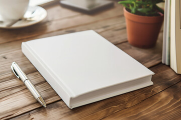 Minimal book mockup on wooden desk with soft shadows – top view