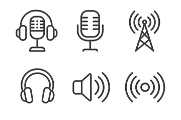 Broadcast icons: microphones, headphones, and sound waves