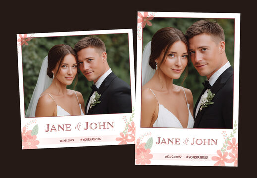 Wedding Photo Booth Template with Bride and Groom, Editable Social Media Frame for Custom Names and Hashtags.