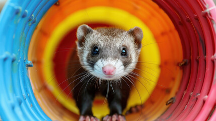 Cute ferret peeking out of a colorful tunnel with bright rings