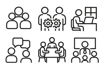 Black and white line icons of teamwork collaboration and office meetings
