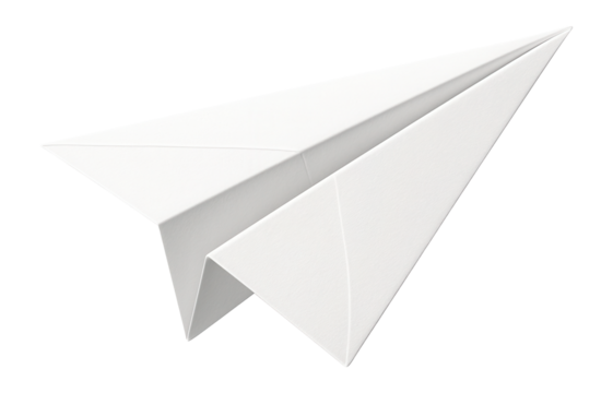 Simple white paper airplane model with sharp edges and clean folds on transparent background.