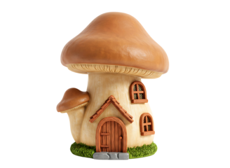 Whimsical mushroom house with glowing windows isolated on transparent background