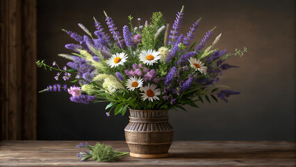 Charming Country Bouquet of Lavender, Daisies, and Wildflowers in Rustic Basket