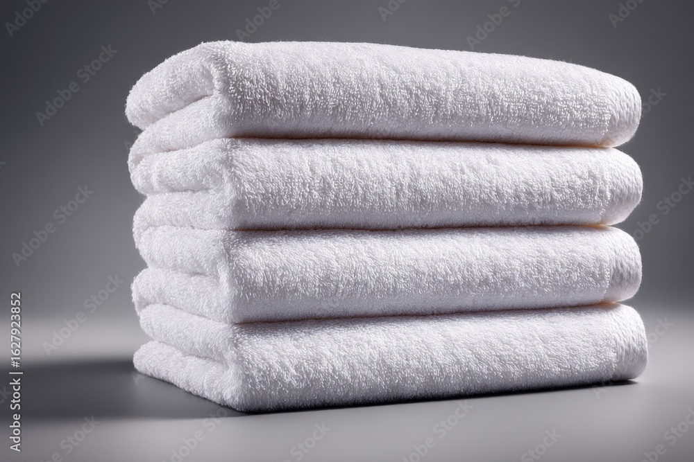 Poster soft white towels stacked neatly on a gray background in a clean and minimalistic setting