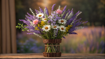 Charming Country Bouquet of Lavender, Daisies, and Wildflowers in Rustic Basket