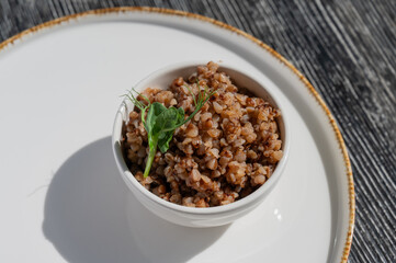 A plate of buckwheat in a cafe. 