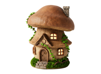 Whimsical mushroom house with glowing windows isolated on transparent background