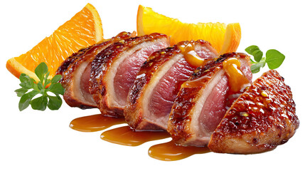 Exquisite Duck with Orange: A gourmet close-up of expertly sliced duck breast, glazed to a golden perfection, served with fresh orange slices and aromatic herbs.