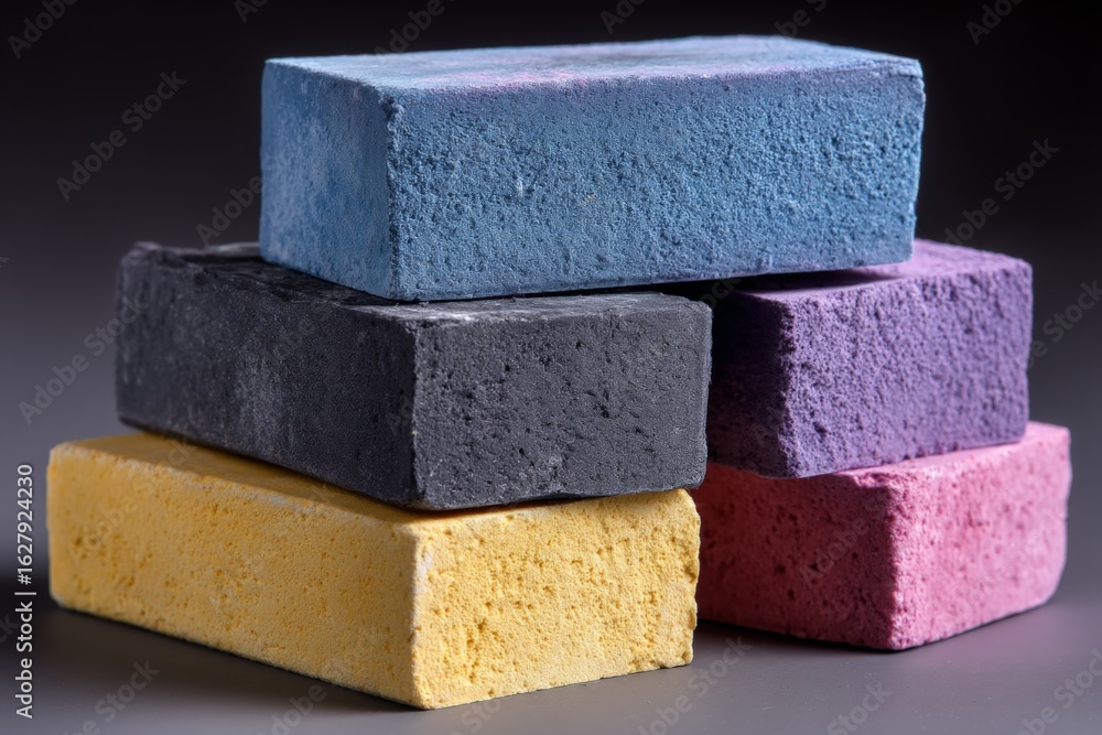 Poster colorful chalk bricks stacked artistically on a dark background highlighting texture and form in a c