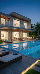 Fototapeta premium Modern Villa by Pool at Dusk