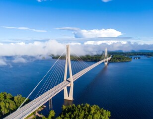 Obraz premium Aerial view of a cable-stayed bridge over a lake (1)
