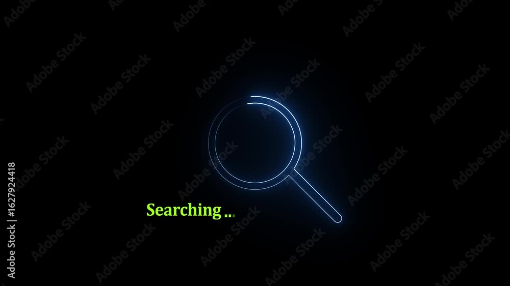 Poster digital search and magnifying glass icon and text sharcing animation with neon line on black backgro