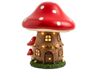 Whimsical mushroom house with glowing windows isolated on transparent background