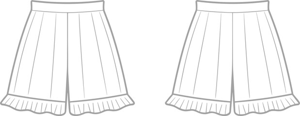 CAD drawing flat vector illustration of fashionable pleated shorts with waistband and ruffled hem, apparel design, technical sketch, fashion