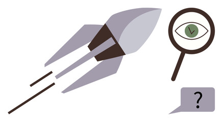 Rocket soaring forward, magnifying glass with an eye, and speech bubble with a question mark. Ideal for innovation, research, discovery, analysis, strategy brainstorming simplicity. Flat metaphor
