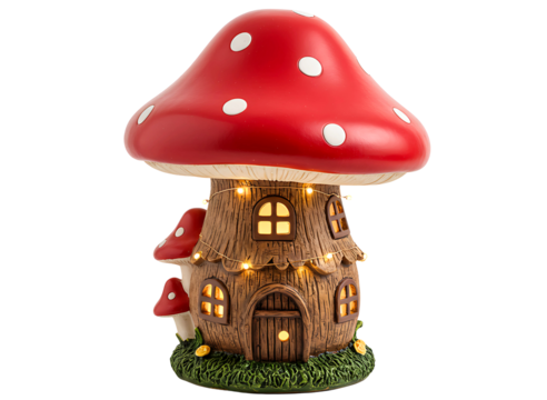 Whimsical mushroom house with glowing windows isolated on transparent background