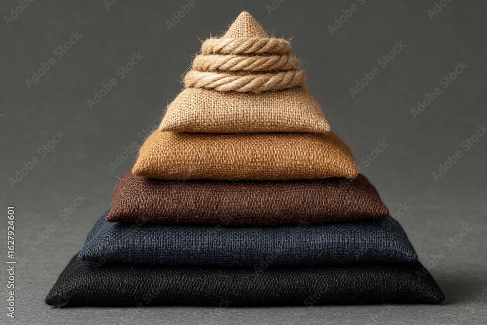 Poster textured fabric pyramid with layered colors and twine placed on a dark gray background