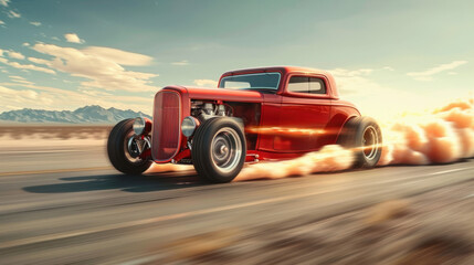 Classic red hot rod car performing a burnout on a desert road