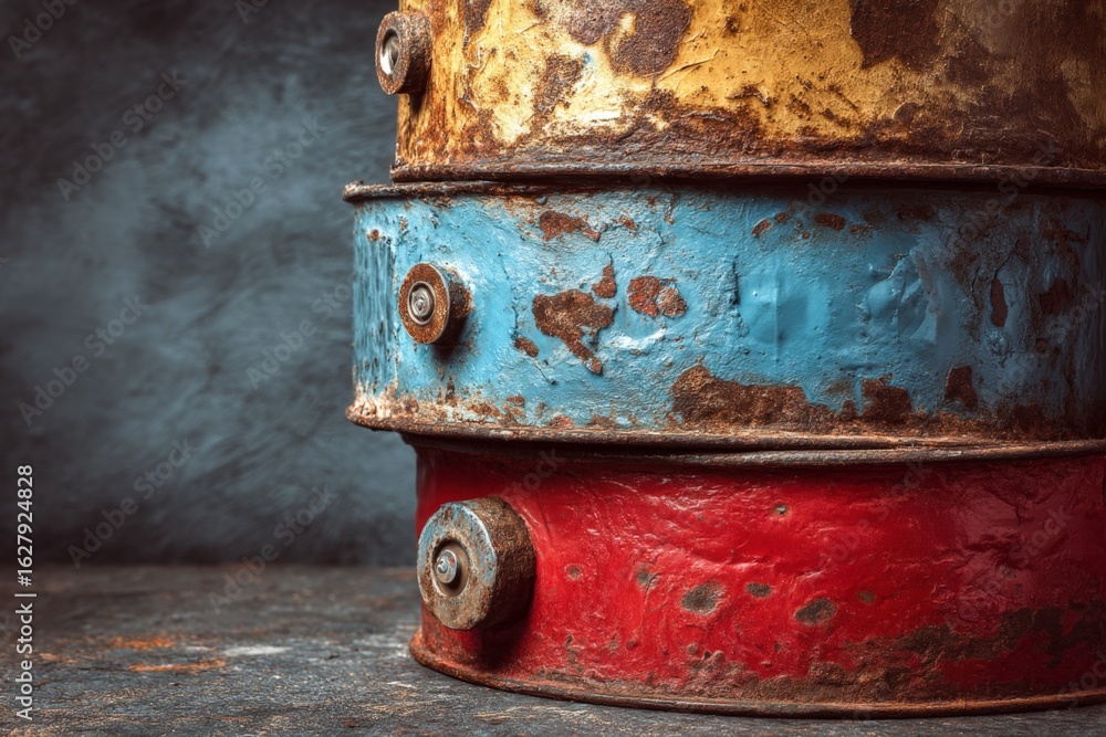 Poster rusted metal barrels stacked in a close view displaying vibrant colors against a textured background