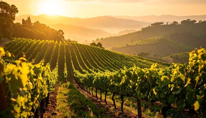 Vineyard Landscape at Sunset with Rolling Hills and Warm Light