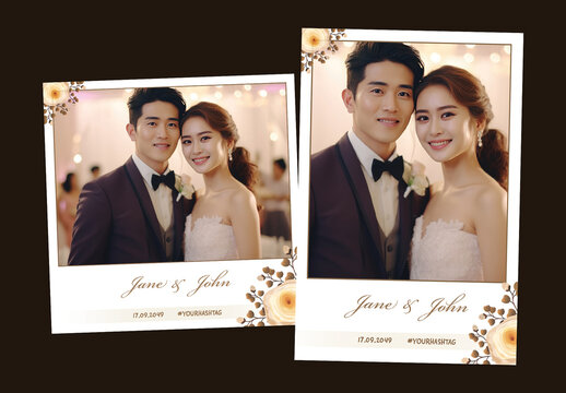 Wedding Photo Booth Template with Asian Bride and Groom Smiling, Editable Social Media Frame for Custom Names and Hashtags.