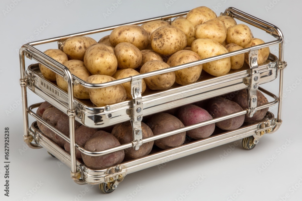 Poster potatoes stored in a metallic container showcasing different varieties on a clean background