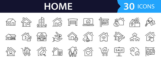 House Web Icon Set in Line Style. Collection of Real estate Linear Icons, Including home, building, buying, renting, property, address, loan, house, key, buy, sell, mortgage and more. Editable Stroke