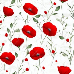 Red Poppies Seamless Pattern on White Background