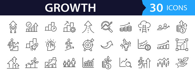 Plakat Growth Web Icon Set in Line Style. Collection of Upskill Linear Icons, Including professional, personal, financial growth, progress, career, arrows up, goal, development and more. Editable Stroke