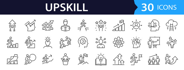 Naklejka na ściany i meble Upskill Web Icon Set in Line Style. Collection of Personal growth Linear Icons, Including upskilling, development, education, career, reskill, progress, strategy, skill goal and more. Editable Stroke