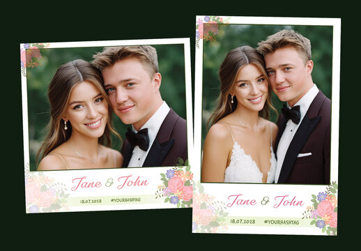 Wedding Photo Booth Template with Australian Couple Smiling, Editable Social Media Frame for Custom Names and Hashtags.