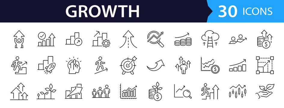 Growth Web Icon Set in Line Style. Collection of Upskill Linear Icons, Including professional, personal, financial growth, progress, career,  arrows up, goal, development and more. Editable Stroke