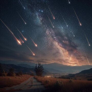 A realistic scene of the night sky and the milky way with dozens of meteors shooting across. The background is a cosmic blend of stars and nebulae enhancing the wonder of the universe. Video.

