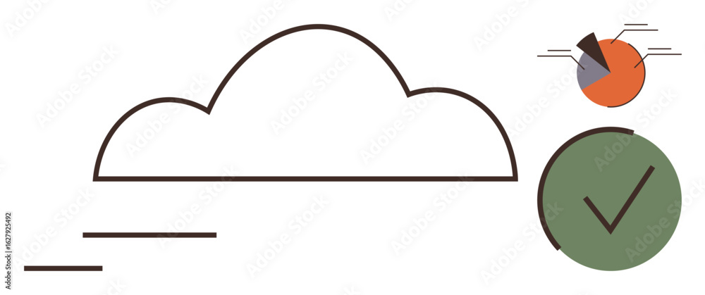 Poster cloud outline with flowing lines, pie chart depicting data division, and checkmark for completed act