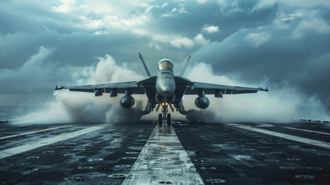 Powerful fighter jet landing on a wet aircraft carrier deck with dramatic clouds