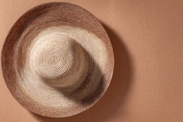 Handwoven straw hat displayed against a textured peach wall showcasing artisanal craftsmanship and natural aesthetics