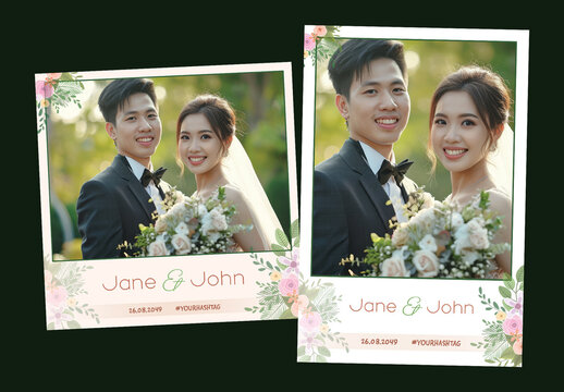 Wedding Photo Booth Template with Asian Bride and Groom Smiling, Editable Social Media Frame for Custom Names and Hashtags.