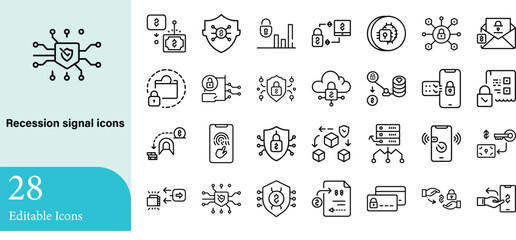 A comprehensive set icon collection of 28 editable recession signal icons providing visual representations of digital security and financial transactions.